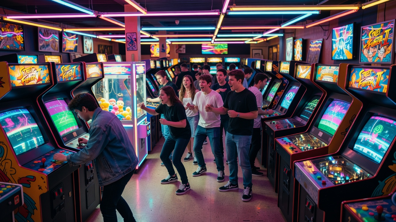 Värikkäästi valaistu arcade-pelihalli